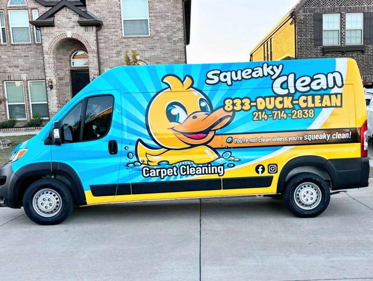 Squeaky Clean wrapped service van in a North Texas neighborhood